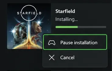 Illustrative individual Xbox queue menu with Pause installation and Cancel options