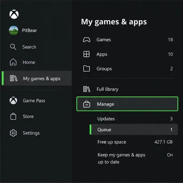 Illustrative Xbox menu path with My games & apps, Manage, and Queue highlighted