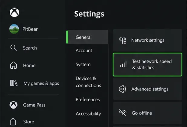 Illustrative Xbox Settings screen with Test network speed & statistics selected