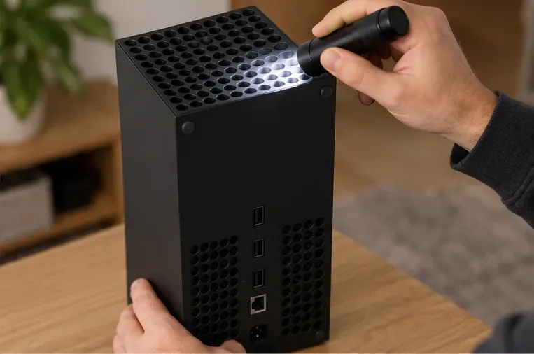 A buyer checks the Xbox-style console vents, rear ports, casing seams, and feet with a flashlight