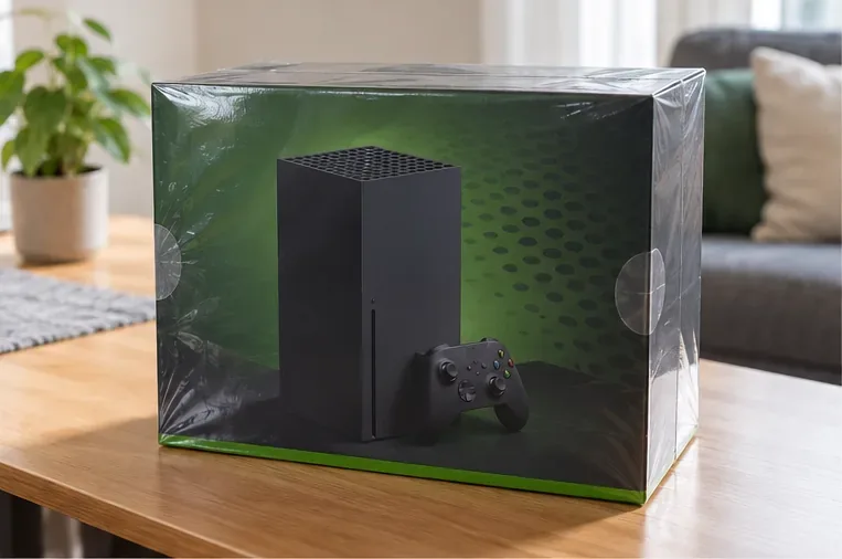 A boxed black gaming console with intact outer wrapping, illustrating why packaging is only one clue