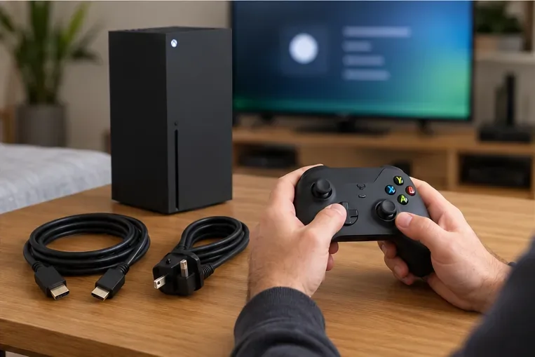 An Xbox-style console, wireless controller, HDMI cable, and power cable arranged for a buyer’s function check