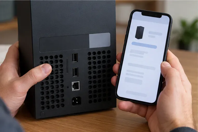 A buyer compares the console’s rear label with a generic device details page on a phone