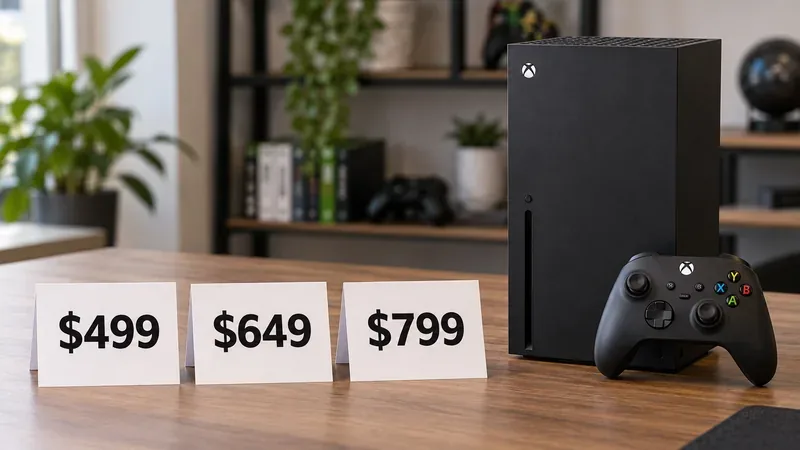Xbox Series X beside rounded U.S. price milestones of $499, $649, and $799