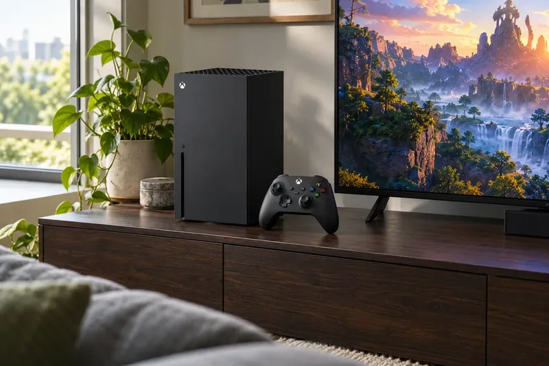 Black Xbox Series X console and wireless controller on a living-room media cabinet