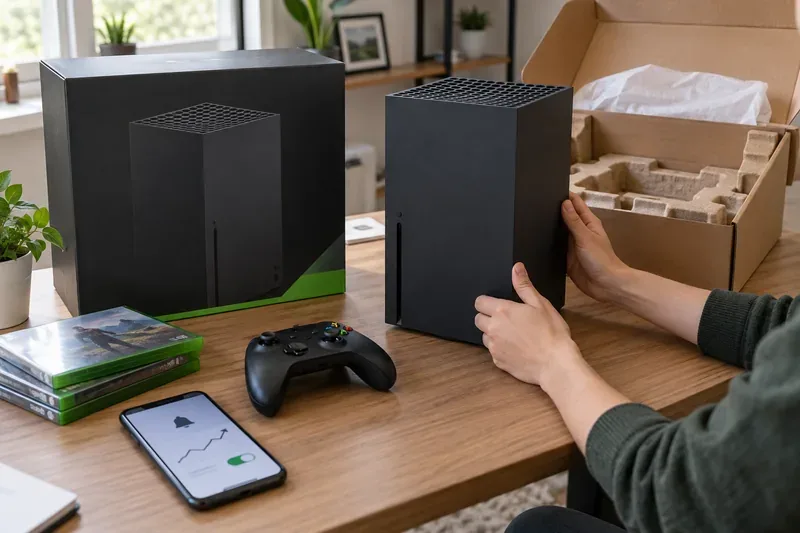 Shopper checking an Xbox Series X console beside its packaging, controller, and a phone with a price alert