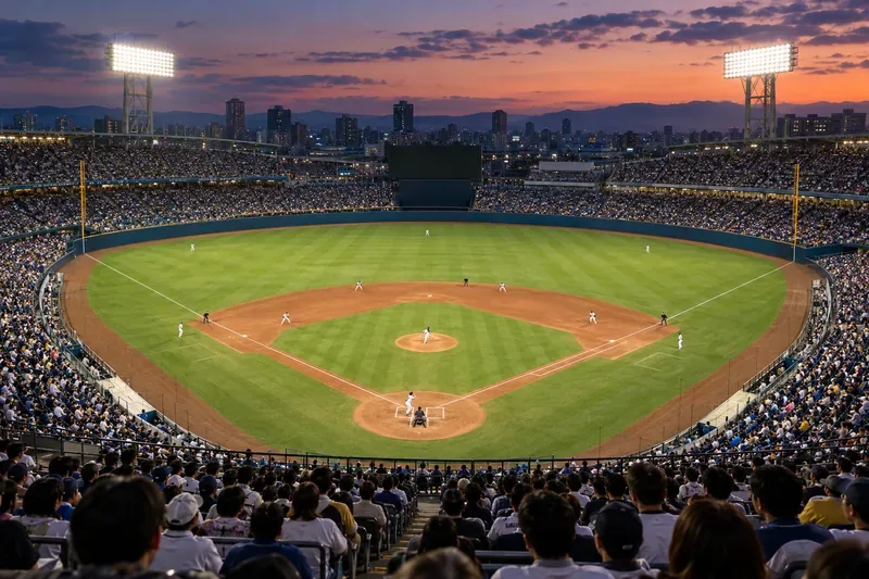 Um estádio de beisebol lotado ao entardecer, visto de trás do home plate sob luzes brilhantes.