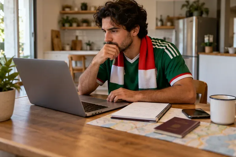 A football fan compares travel plans on a laptop beside a passport, map, and notebook.