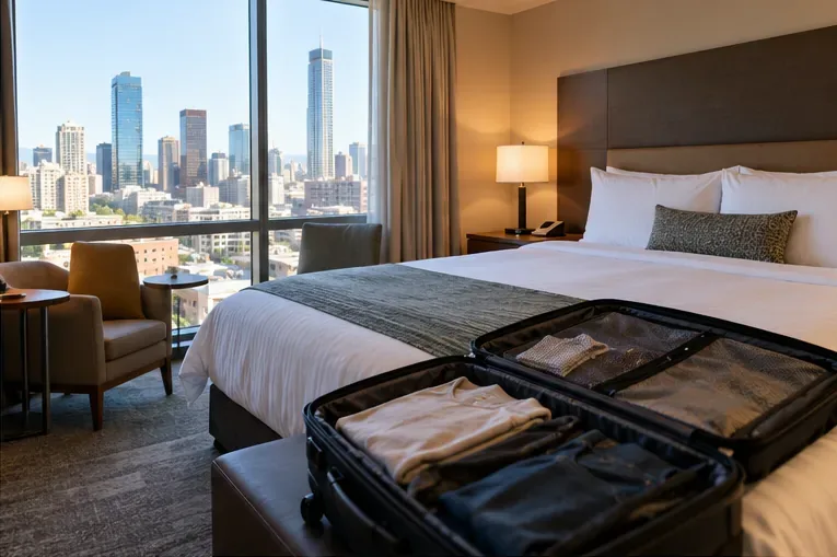 A city hotel room with an open suitcase beside the bed.