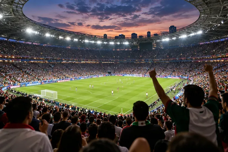 Supporters watch a football match from crowded stadium stands at dusk.