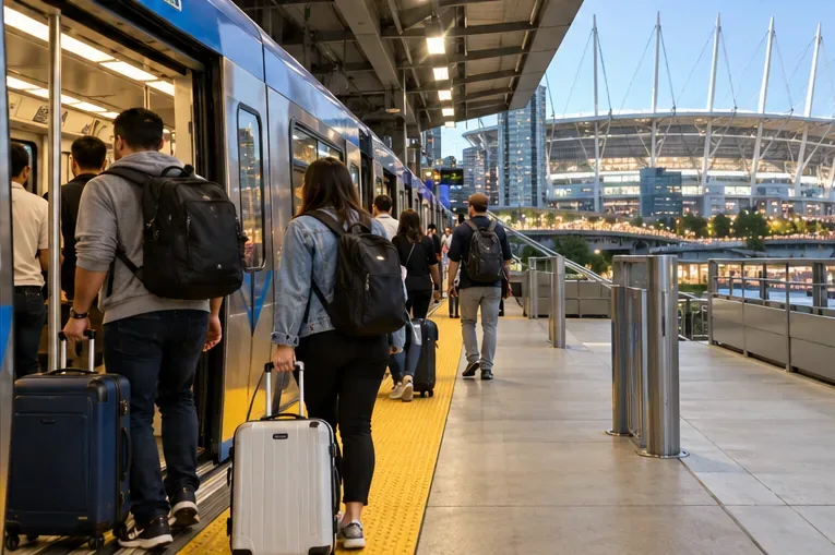 Travelers with rolling suitcases board an urban train beside a modern stadium.