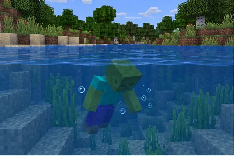 A green-shirted zombie is submerged beneath the surface of a clear river, showing the underwater situation associated with drowned conversion.