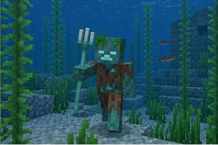 A blue-green drowned holds a trident on an underwater seabed beside kelp and stone ruins.