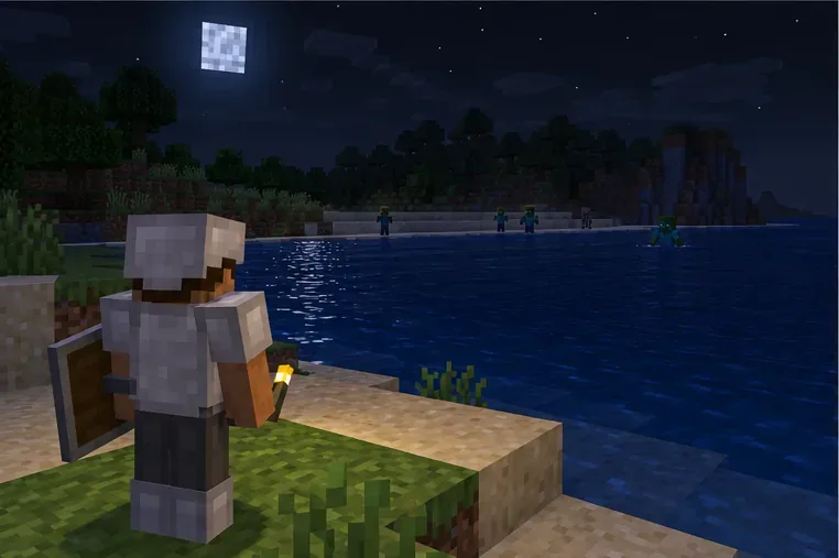 A player watches several distant hostile mobs across a shoreline at night, illustrating a controlled test away from the main base.