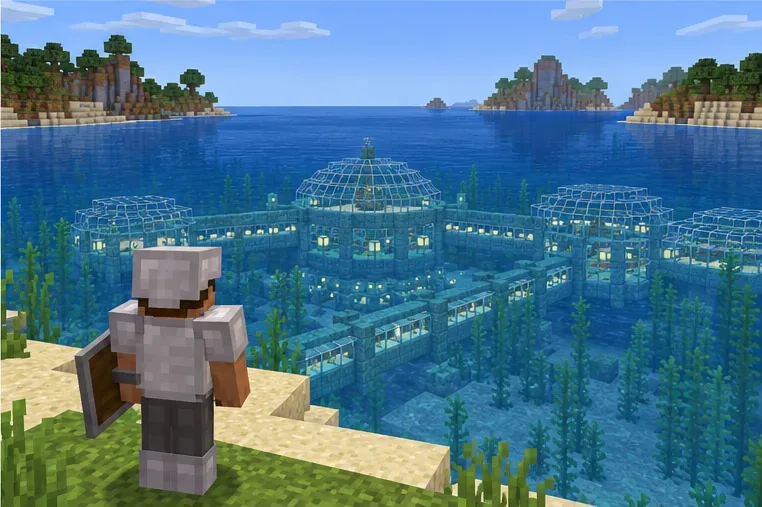 A player looks across a clear ocean toward a glass underwater base in daylight, with no hostile mobs visible nearby.