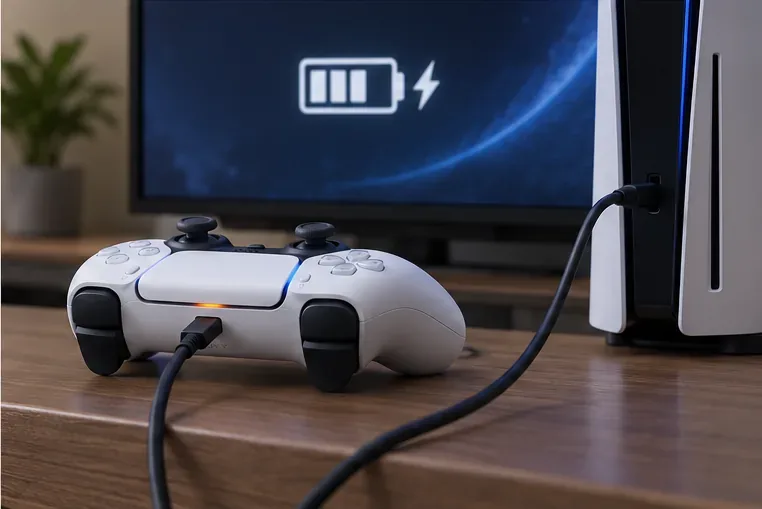 A DualSense controller connected to a PS5 by USB-C, with a battery symbol on the television
