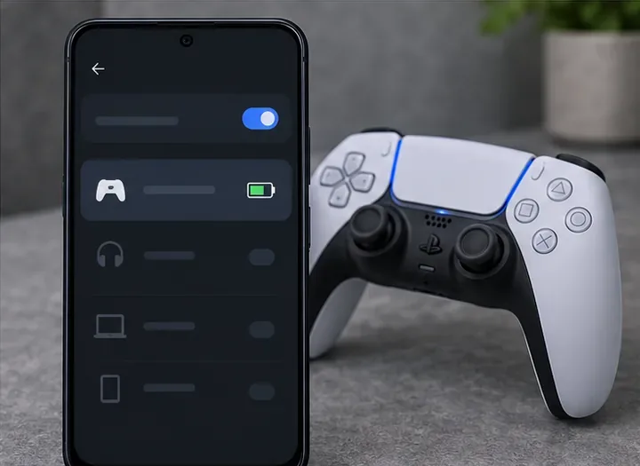 An Android connected-devices screen illustration beside a DualSense controller