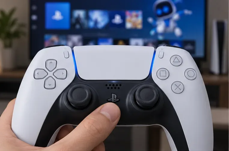 A hand pressing the PS button on a DualSense controller