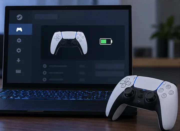 A laptop controller settings illustration with a DualSense controller and battery icon
