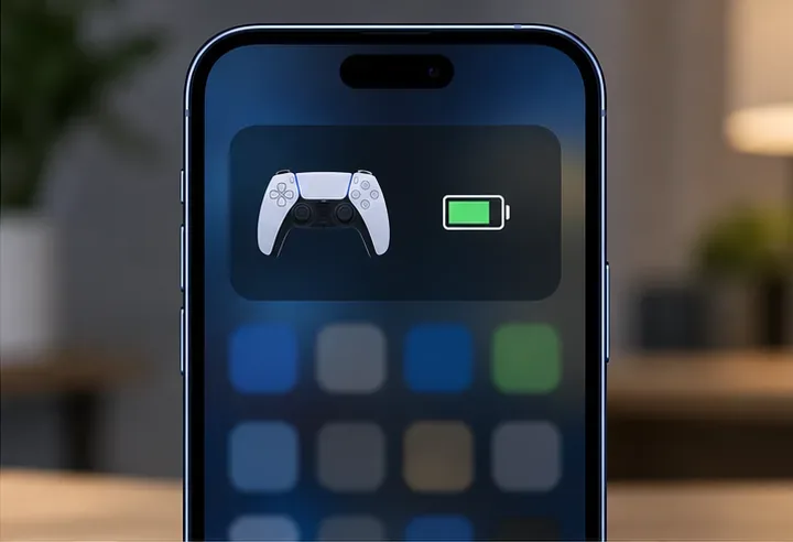 An iPhone screen illustration with a connected game controller and battery symbol