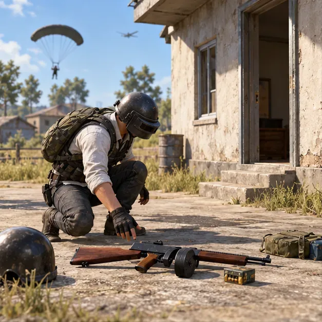 A player checks a Thompson and nearby loot beside a building after landing