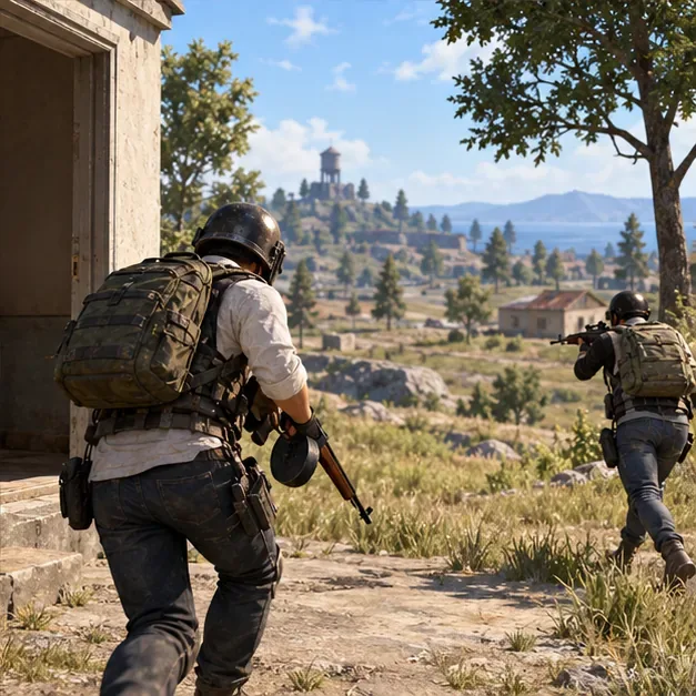 Two players move away from a building toward open terrain while one teammate covers