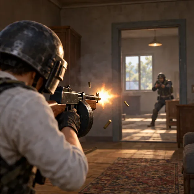 A player fires a Thompson from an interior doorway toward an opponent across the room