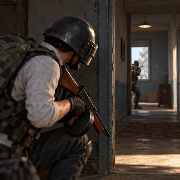 A player uses the wall beside a doorway as cover while watching an opponent in the next room