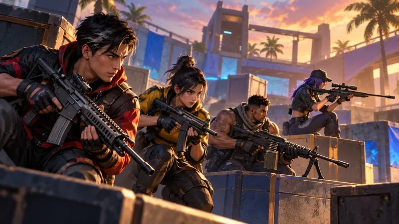 A four-player squad takes cover with varied weapon types in a sunset arena, illustrating the weapon variety discussed in the OB55 notes.