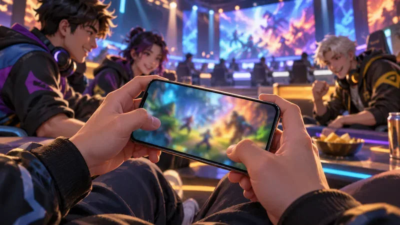 A player checks a generic mobile game screen while teammates gather in a gaming lounge; no Free Fire interface or countdown is shown.