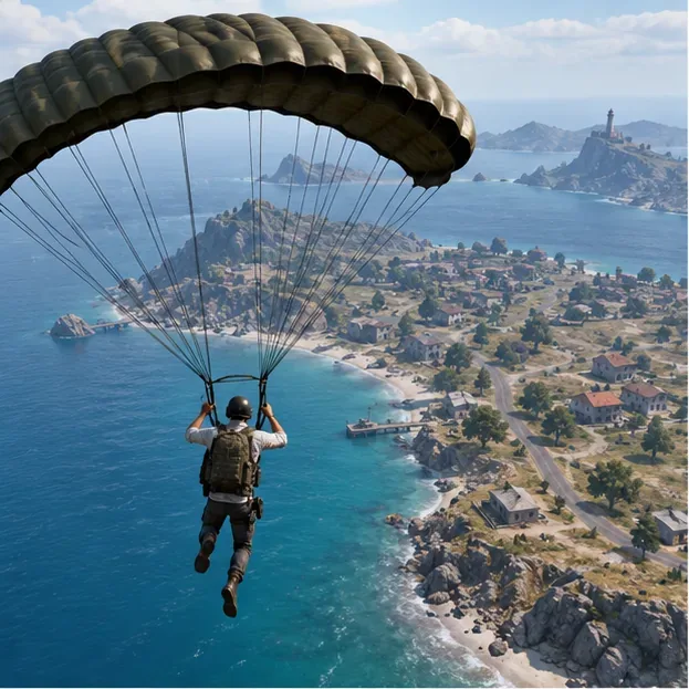 ผู้เล่นเกมแนวแบทเทิลรอยัลสไตล์ PUBG Mobile กระโดดร่มลงสู่พื้นที่ชายฝั่งที่เงียบสงบซึ่งมีอาคารกระจัดกระจายอยู่