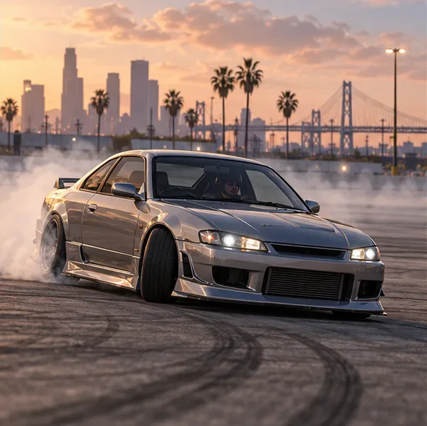 A modified coupe powersliding across an empty practice pad with its front wheels angled into the slide.