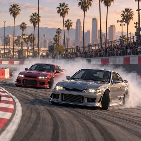 Two modified coupes drifting through a wide, barrier-lined race corner with space between them.