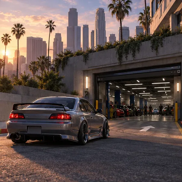 A customized coupe approaching a brightly lit underground car meet entrance at sunset.