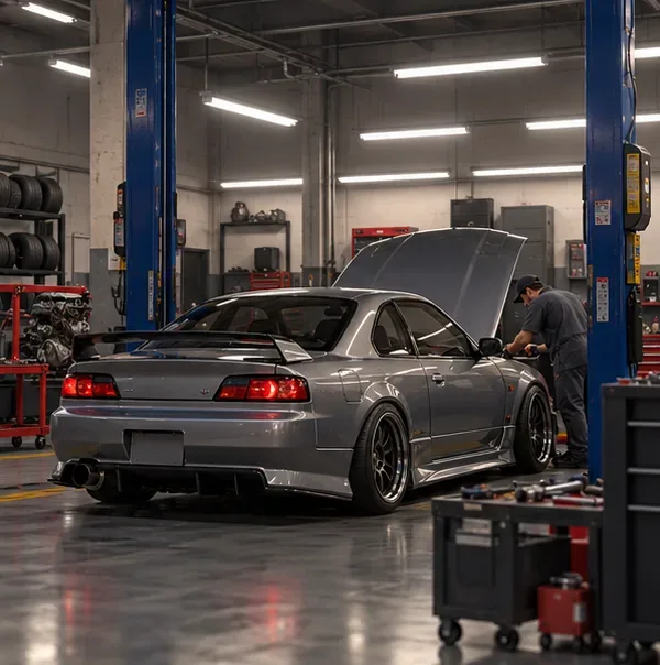 A gray modified coupe in a workshop bay beside a mechanic and vehicle lift.
