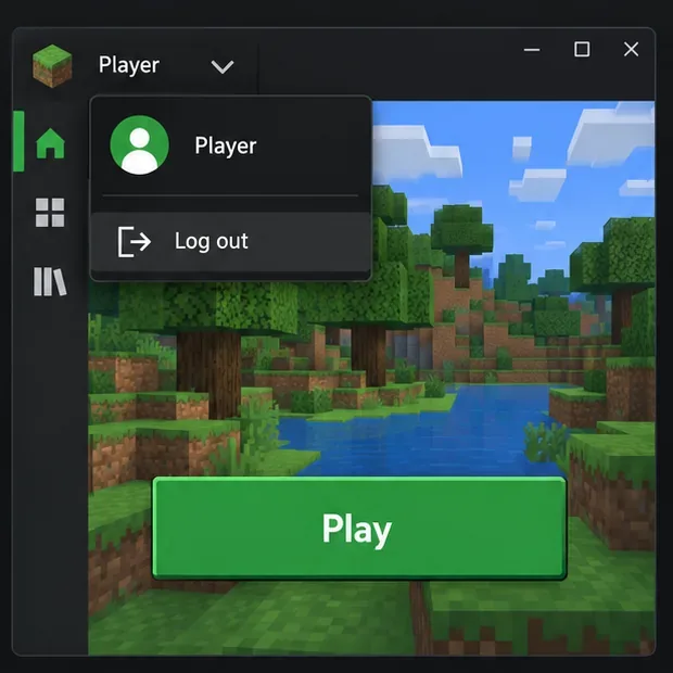 Het profielmenu in Minecraft Launcher-stijl wordt geopend, waarbij de optie 'Uitloggen' zichtbaar is.