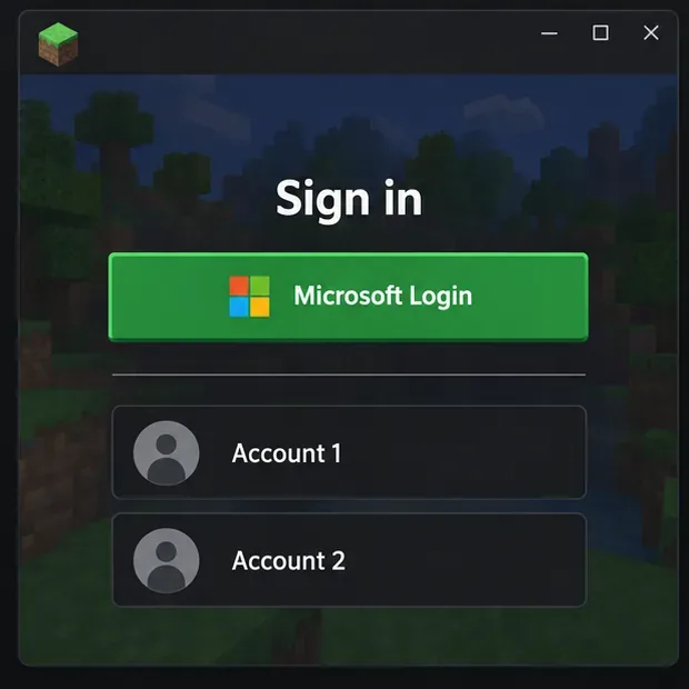 Een aanmeldscherm in Minecraft Launcher-stijl met Microsoft Login en twee opties voor opgeslagen accounts.