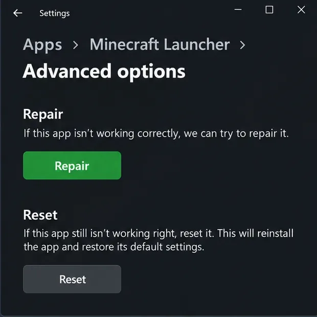 In het Windows-paneel met geavanceerde opties voor Minecraft Launcher wordt 'Repareren' boven 'Reset' weergegeven.