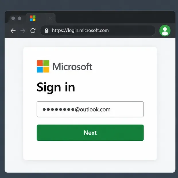 Illustratieve Microsoft-aanmeldingspagina met een gemaskeerd Outlook-adres en een knop 'Volgende'.