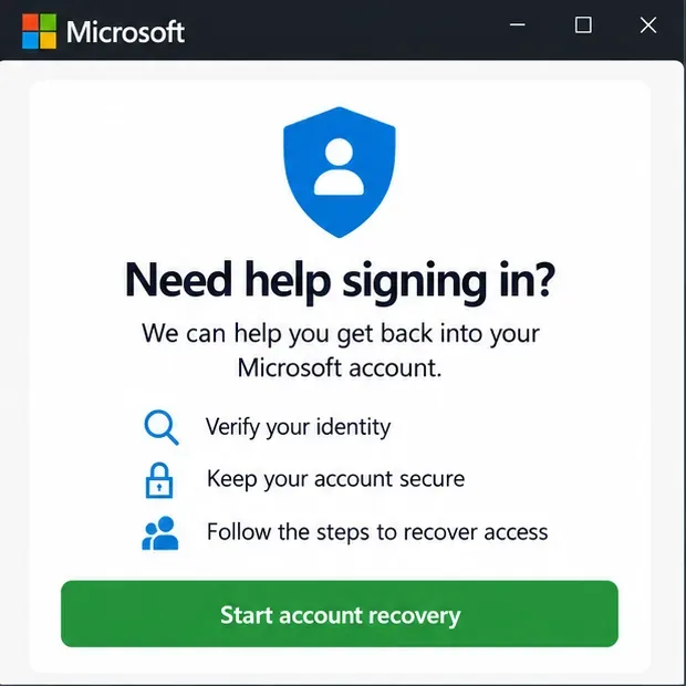 De Microsoft-helppagina met informatie over accountherstel en accountbeveiliging.