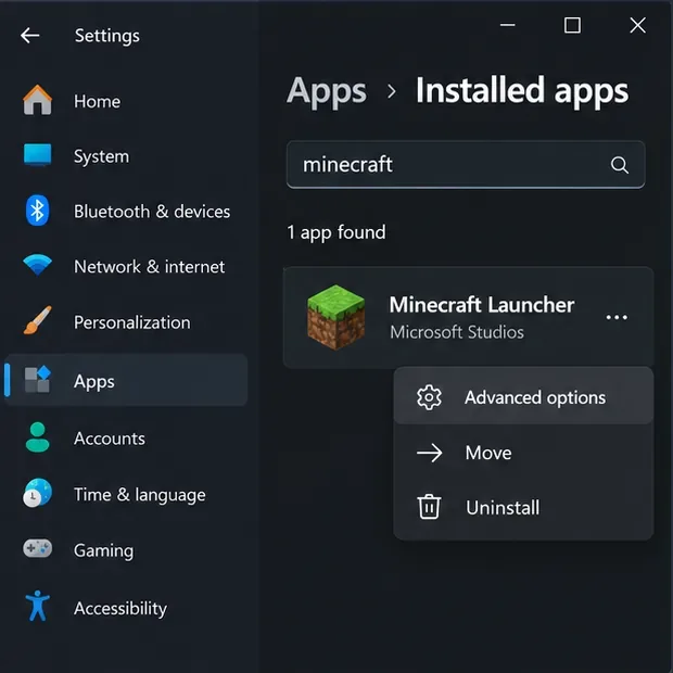 Het scherm met geïnstalleerde apps in Windows 11, met Minecraft Launcher en de geavanceerde opties geselecteerd.