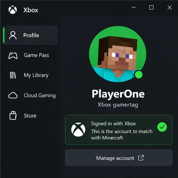 Op het Xbox-appprofiel wordt een gamertag weergegeven, samen met een herinnering om dat account in Minecraft te koppelen.
