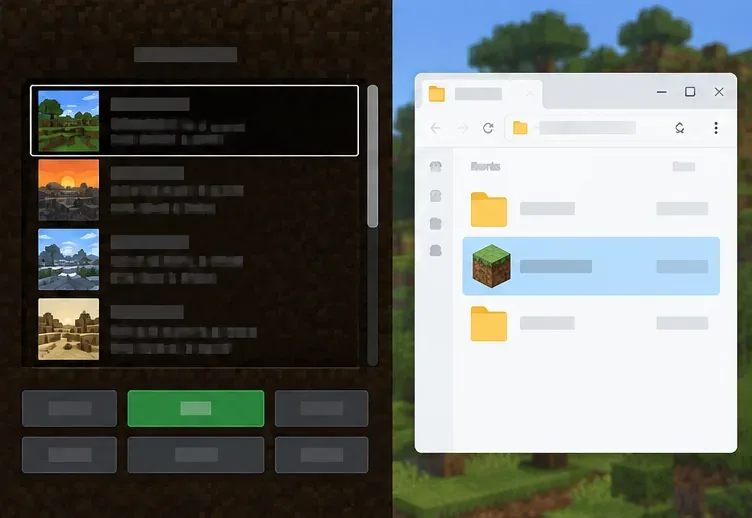 A Minecraft-style single-player world list is shown beside a file manager containing a copied save folder.