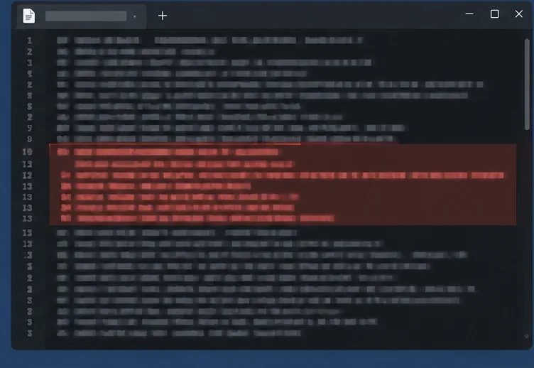 A text editor shows blurred Minecraft log lines with one exception section highlighted for review.