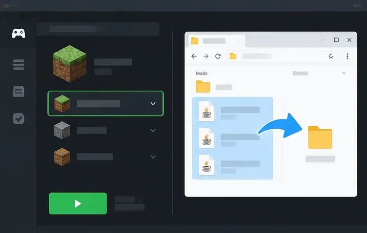 A game launcher profile is selected beside a separate folder of mod files for an isolated test.