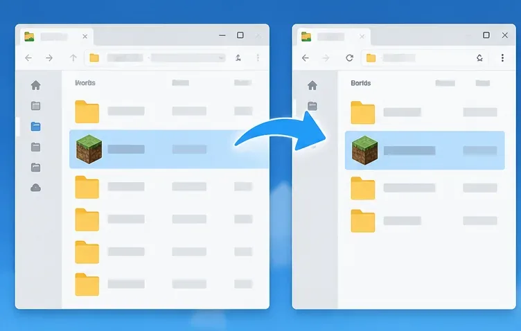 A saved Minecraft world folder is shown beside a second copy in a different file manager window.