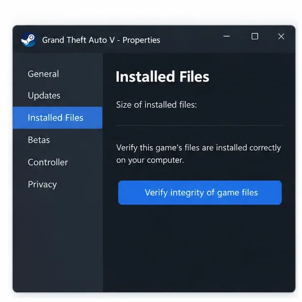 Steam’s Grand Theft Auto V Properties window shows the Installed Files tab and Verify integrity of game files button.