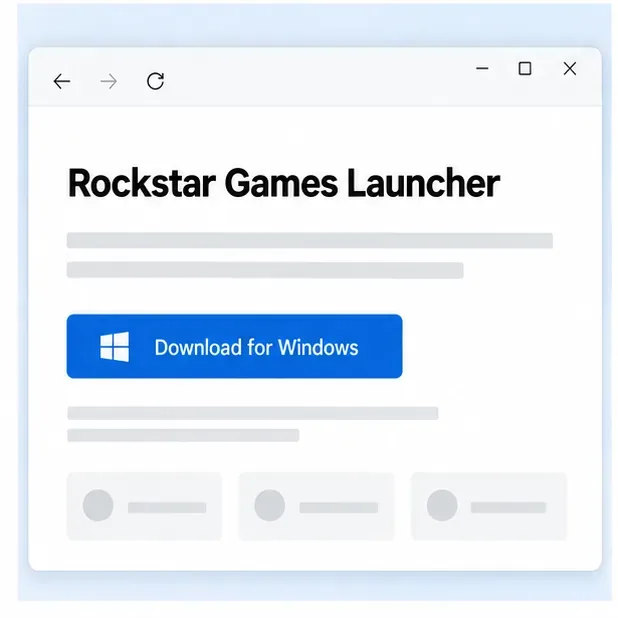A browser-style Rockstar Games Launcher page displays a Download for Windows button.