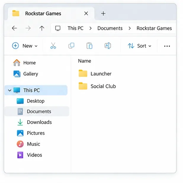 File Explorer shows Launcher and Social Club folders under Documents > Rockstar Games.