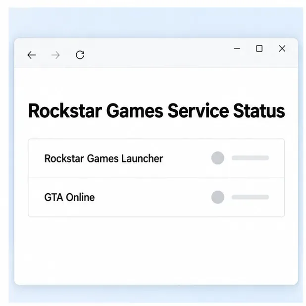 A neutral browser-style service page lists Rockstar Games Launcher and GTA Online with blank status indicators.